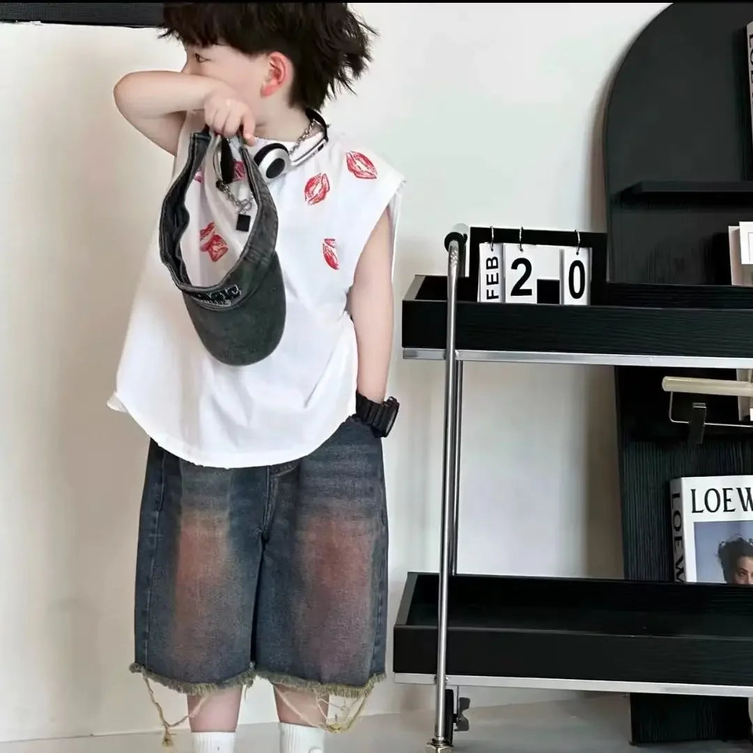 New Korean Fashion Set Design Sense Street Printed Vest Shirt Broken Edge Short Jeans Two-piece Suits - Boys Summer & Party