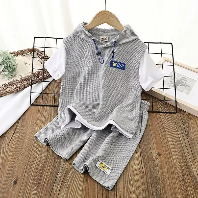 Summer Boy Clothes - Summer Baby Boy Clothes Set Hoodies T-shirts and Shorts Suit Children Girls Waffle Patchwork Top Bottom