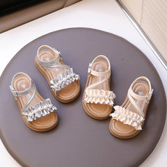 Kids Beach Shoes Open Toes Sweet Folds Children Princess Shoes Beading Elegant 2025 Summer New Girls Sandals Hook&loop