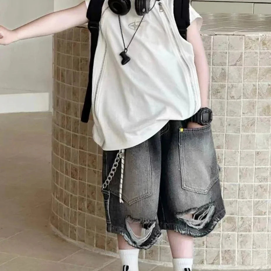 Boys Korean Vintage - Boys' Korean Vintage Distressed Jeans 100% Cotton Streetwear Kids' Trendy Outfit - Boys Summer & Party