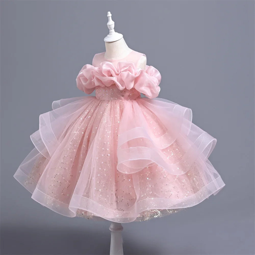 New Girl's Wedding Evening Dress Petal Sequin Mesh Sleeveless Dress Birthday Party School Graduation Party Dress