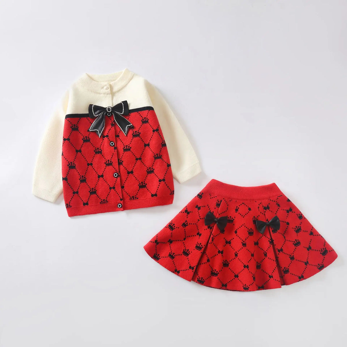 Girl Suits Matching Clothes Set Argyle Knit Cardigan Sweater & Pleated Skirt Bow Preppy Outfit Fall Winter Kids School Clothes