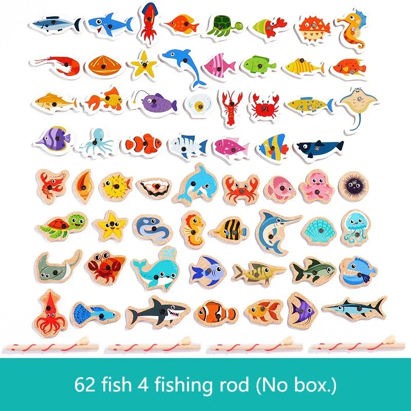 Montessori Wooden Magnetic Fishing Toys Marine Life Cognition Fish Games Early Educational Toy for Kids Parent-child Interactive
