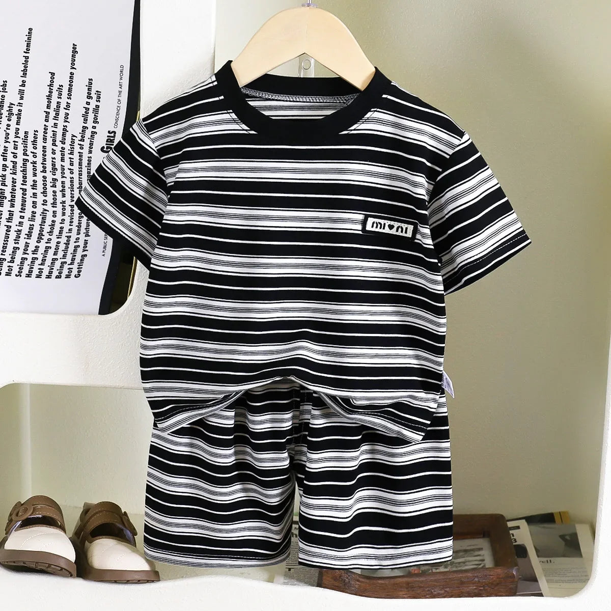 Children Short Sleeve - Children's short-sleeve stripe set, boys' black and white striped summer clothes, boy baby outwear