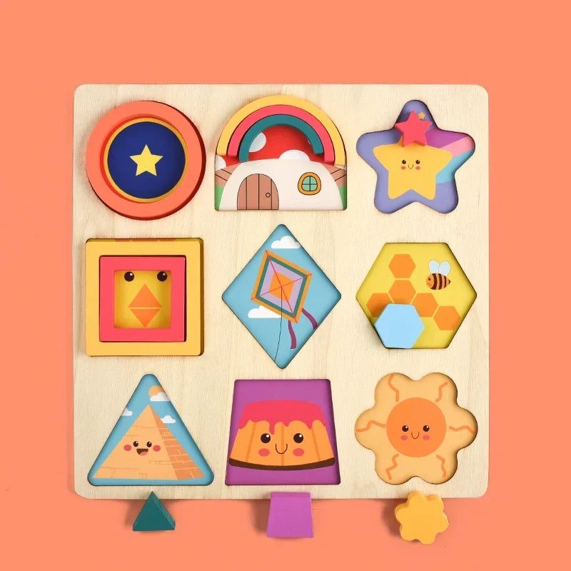 Montessori Children Wooden Rainbow DIY Shape Jigsaw Blocks Puzzle Board Educational Matching Activity Learning Toys for Kids