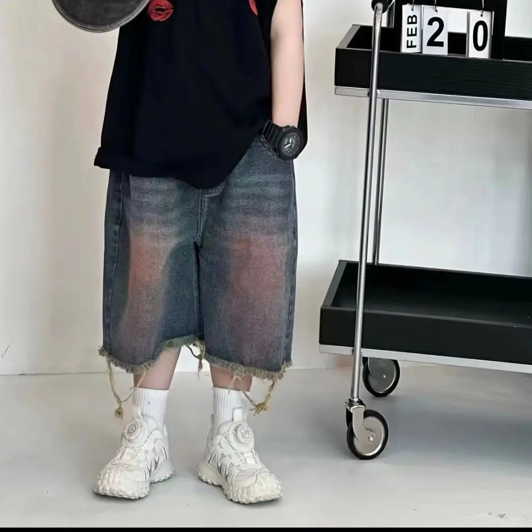 New Korean Fashion Set Design Sense Street Printed Vest Shirt Broken Edge Short Jeans Two-piece Suits - Boys Summer & Party