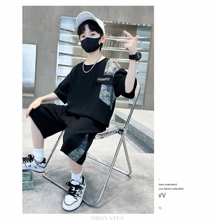 Boys Summer Suit Kids Short Sleeve T-Shirt Sports Casual Outfits for Teenage Boy Clothing Sets With Cartoon Bear - Boys