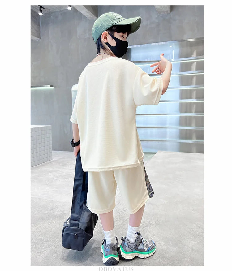 Boys Summer Suit Kids Short Sleeve T-Shirt Sports Casual Outfits for Teenage Boy Clothing Sets With Cartoon Bear - Boys