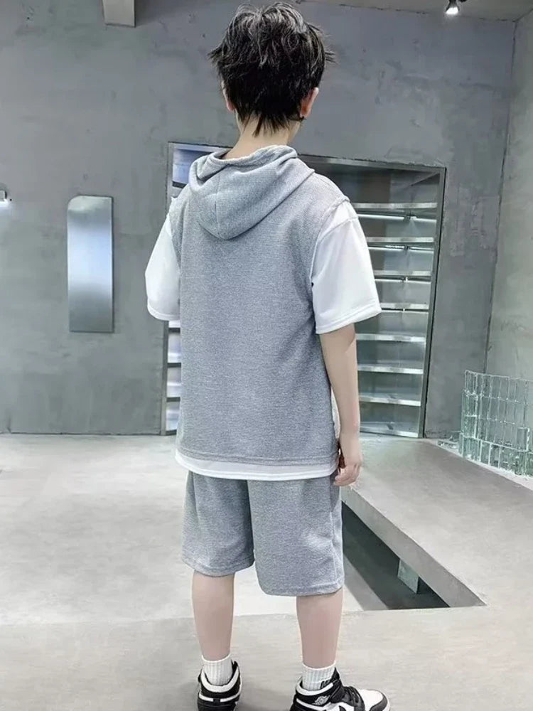 Summer Boy Clothes - Summer Baby Boy Clothes Set Hoodies T-shirts and Shorts Suit Children Girls Waffle Patchwork Top Bottom