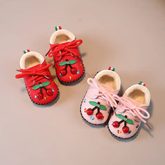 Cute Girls Warm Shoes Sweet Cherry Kids Walking Shoes Suede Comfortable 2025 Winter New Baby Flat Shoes Round Toes Soft Bottom