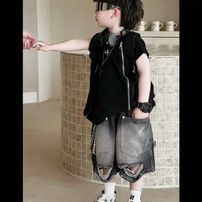 Boy Handsome Korean Version Sleeveless Vest + Retro Ripped Denim Shorts Two-piece Set Children's Casual Loose Set - Boys
