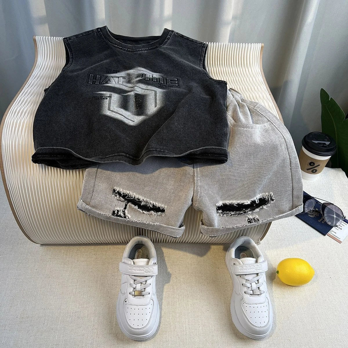 New Boys Fashion Summer Cotton Letter Printing T-shirts+Graffiti Denim Shorts 2pcs Set Kids Korean Outfits Sets Children