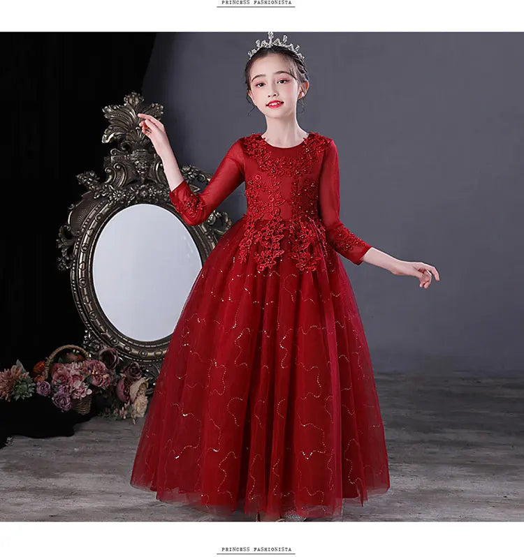 Fashion Flower Girl Dresses for Weddings Lace Long Sleeve Kids Dresses for Girls Summer Girls Party Dresses 3-13 Years
