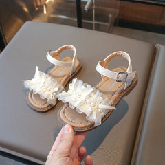 Girls Lace Sandals Kids Shoes Baby Artificial Pearl Open Toes Hoop Loop 2025 Summer Child Barefoot Beach Shoe for Toddler 22-31