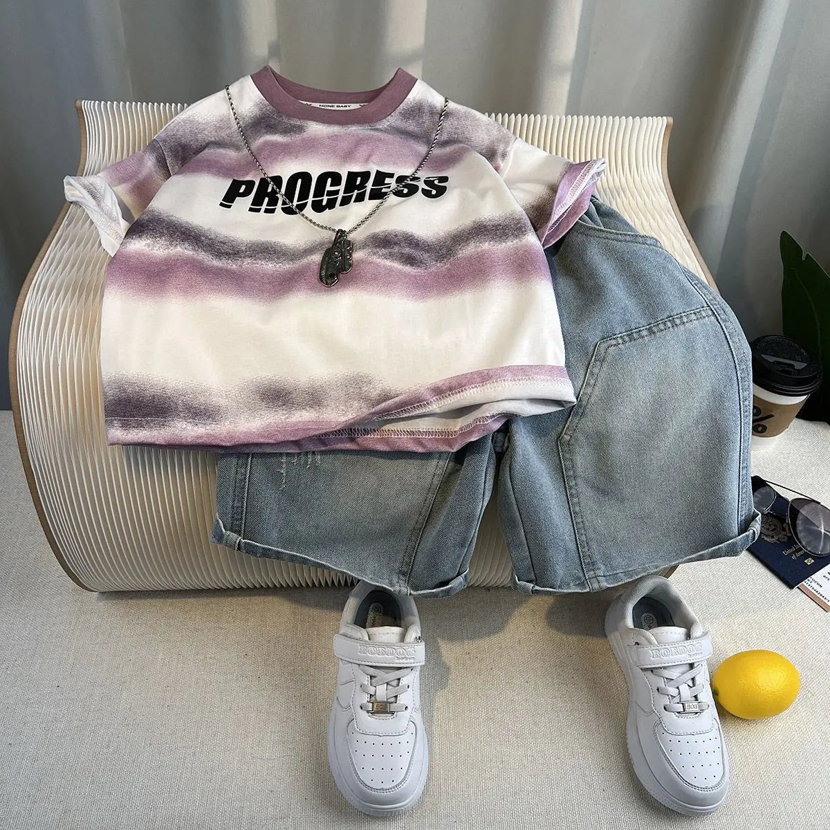 New Boys Fashion Summer Cotton Letter Printing T-shirts+Graffiti Denim Shorts 2pcs Set Kids Korean Outfits Sets Children