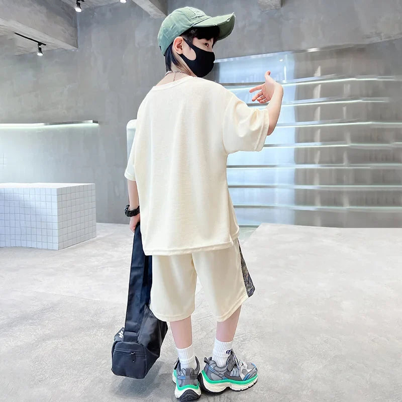 Boys Summer Suit Kids Short Sleeve T-Shirt Sports Casual Outfits for Teenage Boy Clothing Sets With Cartoon Bear - Boys