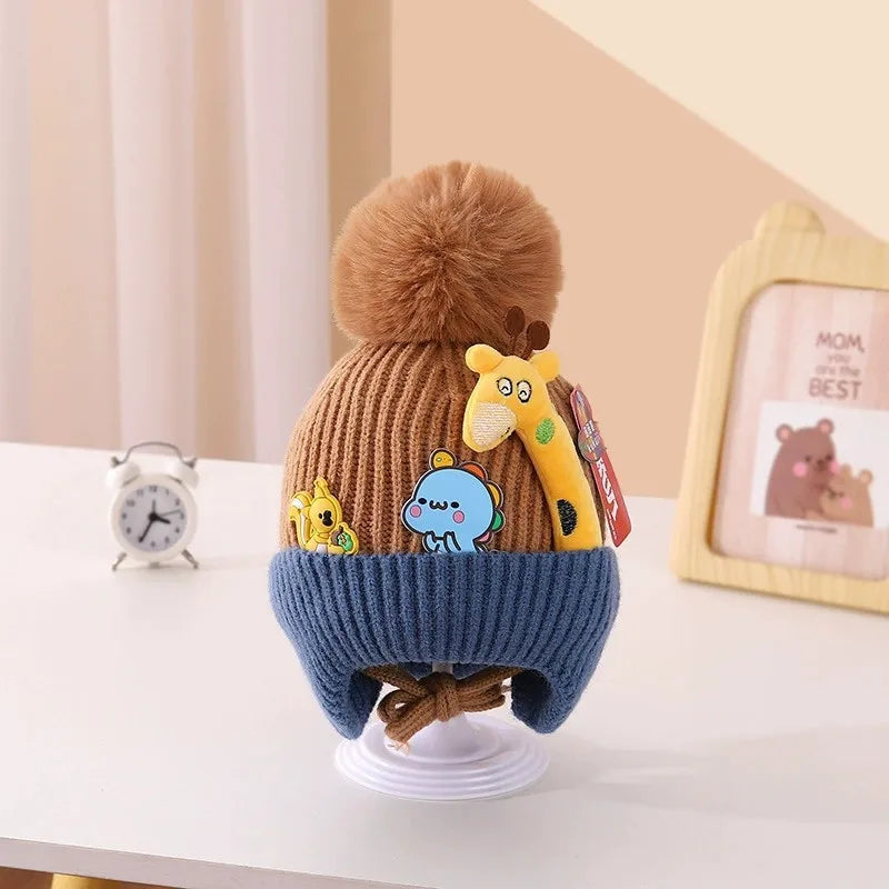 Cartoon Giraffe Baby Knitted Hat Thickened Lining Wool Hat Warm Winter Hat with Ear Protection Cold Resistant Baby Headwear