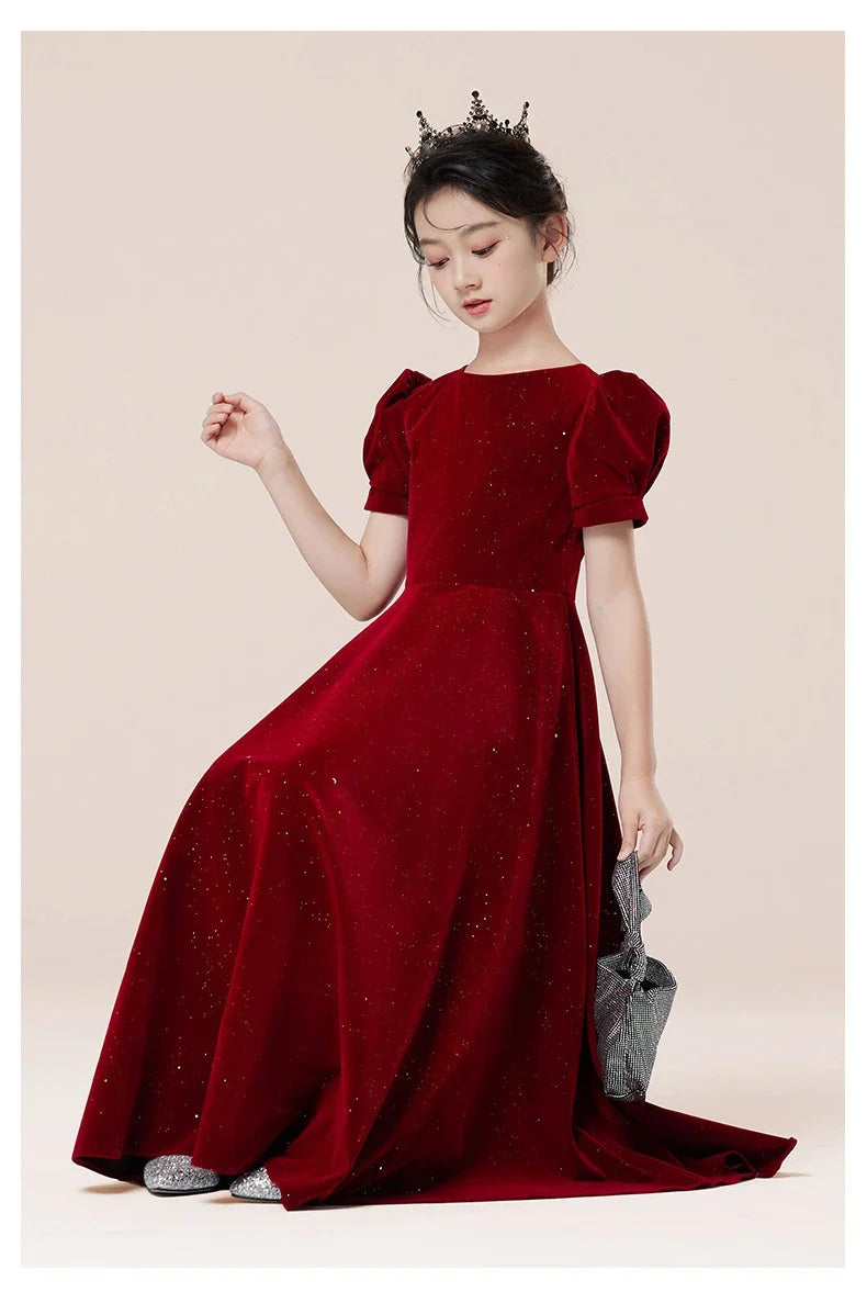 Kids Party Dress Clothing For Birthday Princess  Wine Red Piano Wedding Flower Girl Host Children's Formal Dress