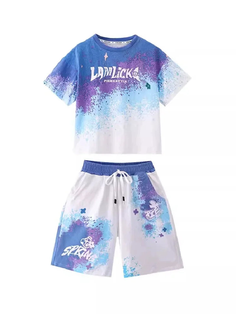 Boys Loose Casual Sets Summer Teen Gradient T-shirts+Shorts 2Pcs Big Kids Sport Short Sleeve Clothes Suits Children Print