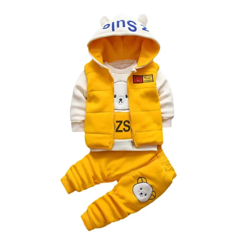 Baby Hooded Tracksuit Set with hooded vest, long sleeve T-shirt, and pants for baby boys and girls