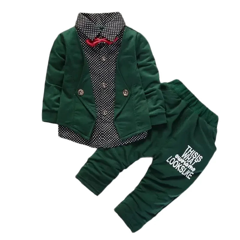 Spring and Autumn New Boys' Dot Colored Bow Knot Long Sleeve Pants Gentleman Two Piece Wedding Flower Children Polo Set for 1-5Y