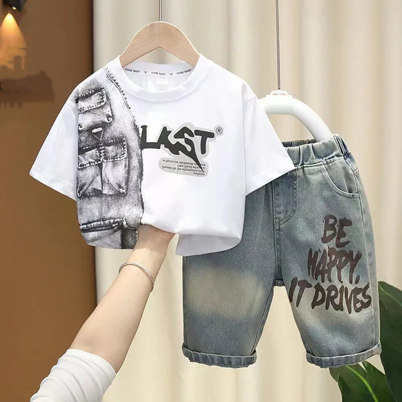 Boys Summer Clothing Set New Handsome Children's Short Sleeved Clothes Trendy Baby T-shirt Jeans Thin Two-piece Set - Boys