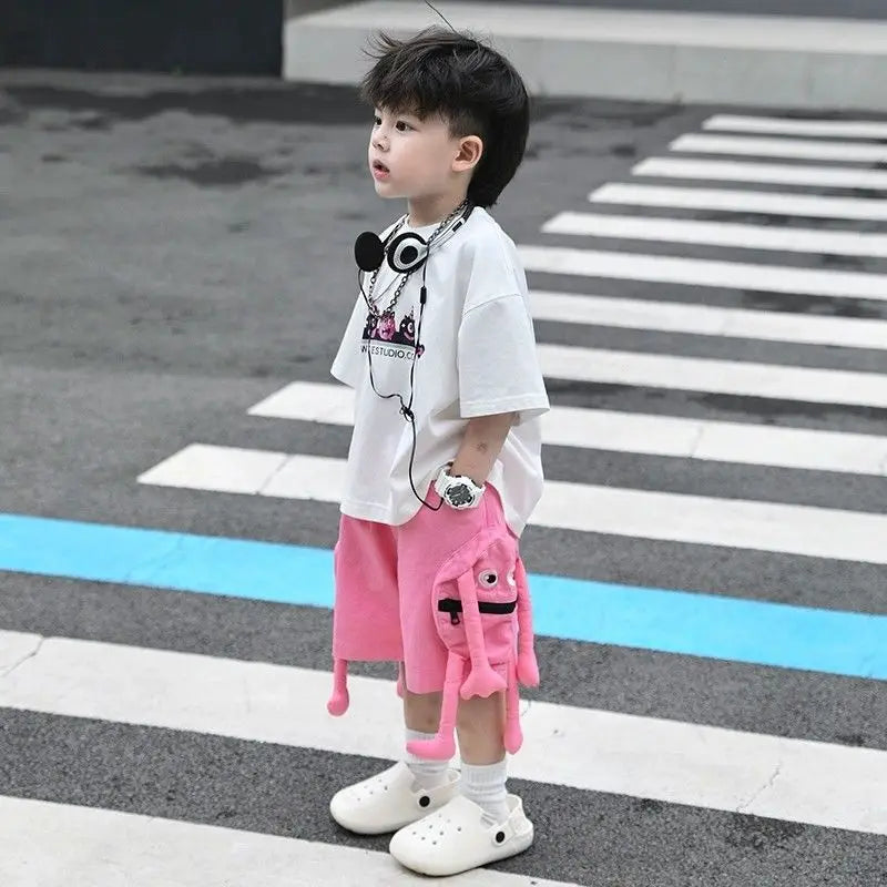 Korean Kids Clothes Boys' Summer Female Child Clothes Children's Printed Cotton Short Sleeved T-shirt Shorts 2piece Sports
