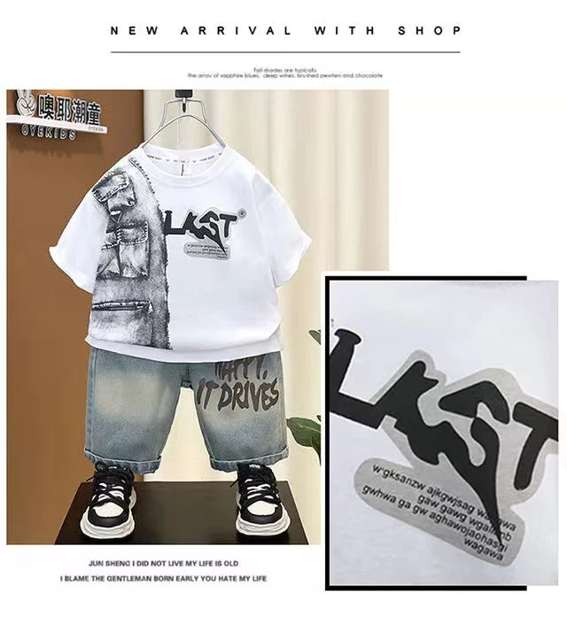 Boys Summer Clothing Set New Handsome Children's Short Sleeved Clothes Trendy Baby T-shirt Jeans Thin Two-piece Set - Boys