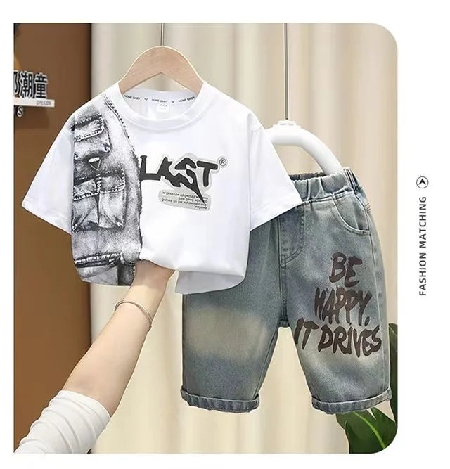 Boys Summer Clothing Set New Handsome Children's Short Sleeved Clothes Trendy Baby T-shirt Jeans Thin Two-piece Set - Boys