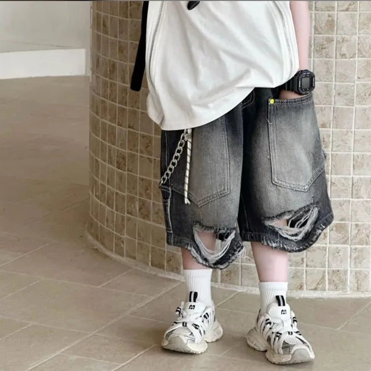 Boys Korean Vintage - Boys' Korean Vintage Distressed Jeans 100% Cotton Streetwear Kids' Trendy Outfit - Boys Summer & Party