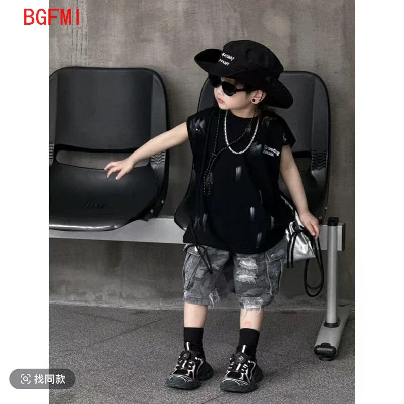 Summer Boys Loose Sleeveless Printed T-Shirt Tops + Hole Shorts Set Child Outfit Handsome Kids Clothes Boys 2-10Y Vest Suit
