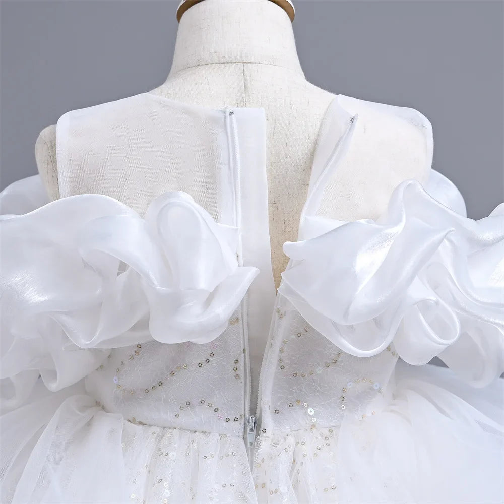 New Girl's Wedding Evening Dress Petal Sequin Mesh Sleeveless Dress Birthday Party School Graduation Party Dress