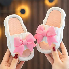 Children Slippers Girls Wearing Soft Soled Slippers Outside Cute Bow Anti Slip Bathroom Slippers Contrast Color Kid Slippers(White-1-2 years)