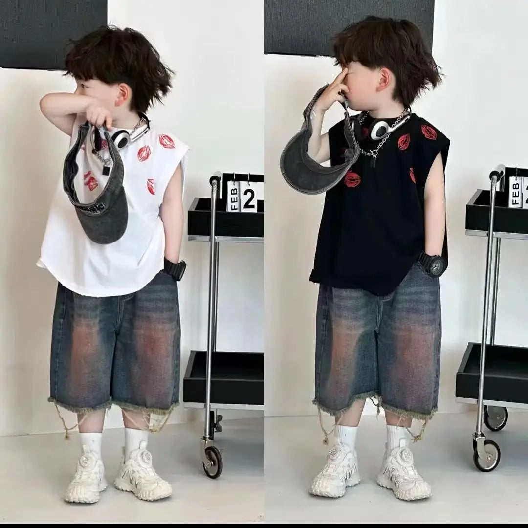 New Korean Fashion Set Design Sense Street Printed Vest Shirt Broken Edge Short Jeans Two-piece Suits - Boys Summer & Party