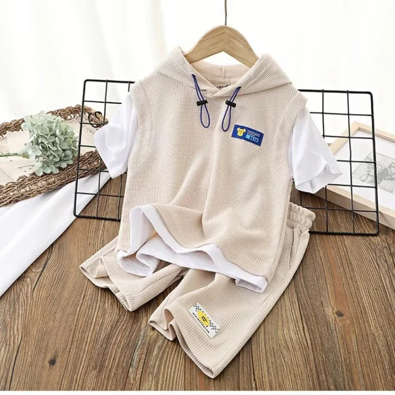 Summer Boy Clothes - Summer Baby Boy Clothes Set Hoodies T-shirts and Shorts Suit Children Girls Waffle Patchwork Top Bottom