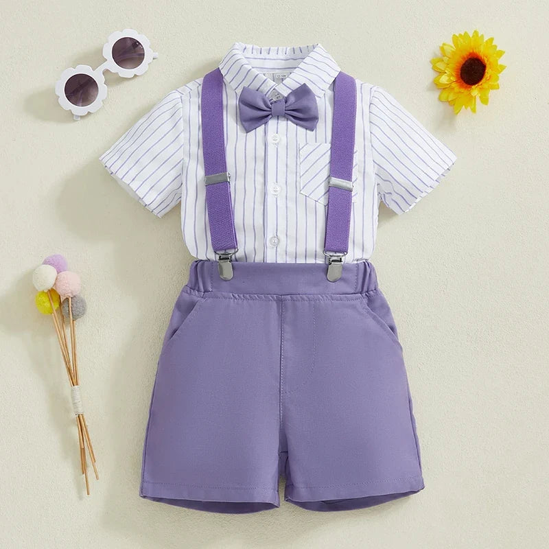 Boy Gentleman Outfit Vertical Stripe Print Short Sleeves Shirt with Bow Tie and Suspender Shorts Set for Formal Wear - Boys