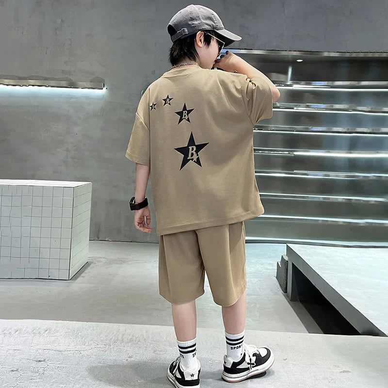 New Summer Teenager Boys Clothing Set Cotton Letter Short Sleeve T-shirt Shorts Years Kids Tracksuits Child Cloth - Boys