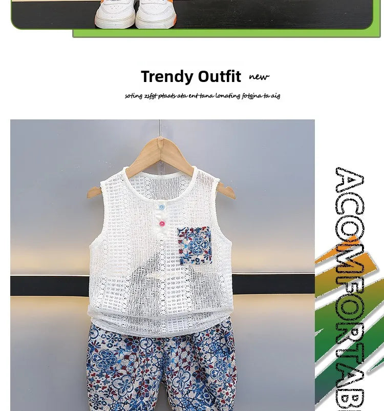 Boys Summer Hollow out Vest Set Breathable Me Svel Long Pants Two Piece Suit Teen Casual Sportswear Cotton Blend orts - Boys