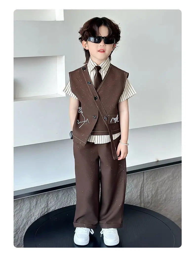 Spring Boy Retro Stripes TShirt+Pants Shorts+Vest Kid Children baby Gentleman Handsome Streetwear Party Clothes - Boys