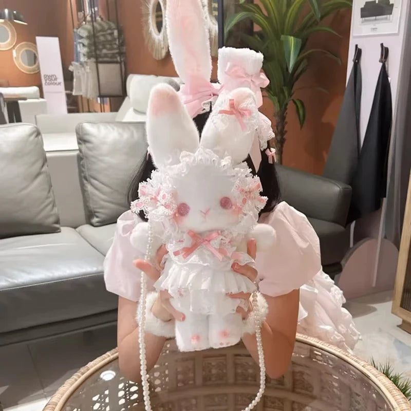 Kawaii Lolita Rabbit Shoulder Bag Cute Plush Crossbody Bag Y2K Girl Accessories Dolls Toys Pearl Chain Strap Makeup Bag