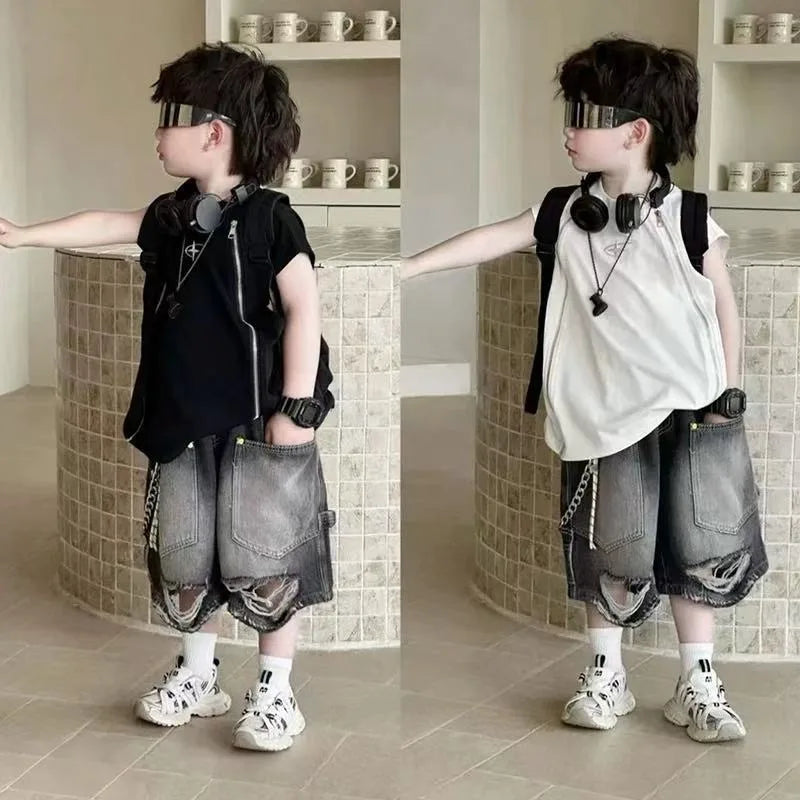 Boy Handsome Korean Version Sleeveless Vest + Retro Ripped Denim Shorts Two-piece Set Children's Casual Loose Set - Boys