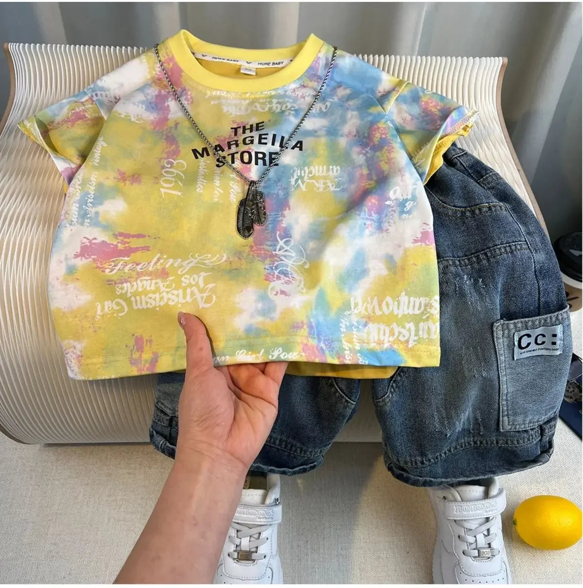 New Boys Fashion Summer Cotton Letter Printing T-shirts+Graffiti Denim Shorts 2pcs Set Kids Korean Outfits Sets Children