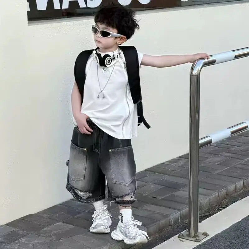 Boy Handsome Korean Version Sleeveless Vest + Retro Ripped Denim Shorts Two-piece Set Children's Casual Loose Set - Boys