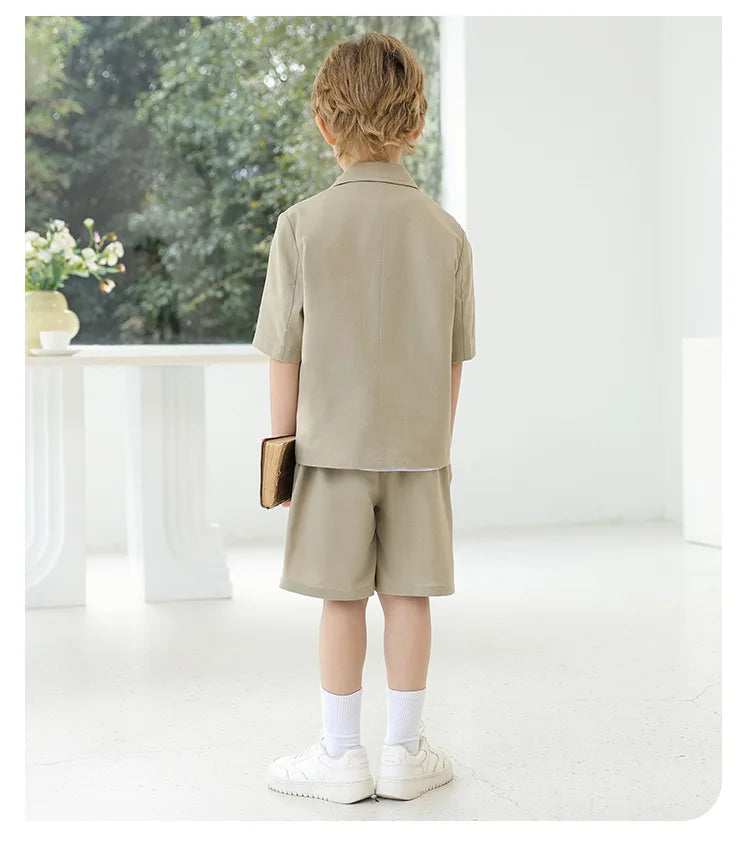 Kids Summer Short-Sleeved Wedding Suit Set Boys Blazer Pants Outfit Children's Piano Host Speech Performance Costume - Boys
