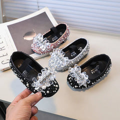 Luxury Girl Shoes Rhinestone Sweet Children Princess Leather Shoes 2025 New Performance Versatile Kids Causal Flat Ballet Shoes