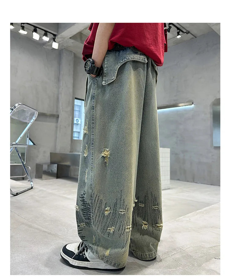 Korean Boy Luxury Hip Hop y2k Baggy Ripped Jeans Kids High Street Fashion Hiphop Rap Dance Denim Pants Child Performance
