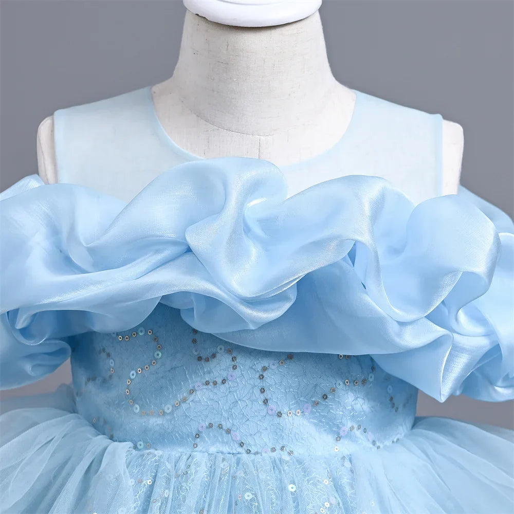 New Girl's Wedding Evening Dress Petal Sequin Mesh Sleeveless Dress Birthday Party School Graduation Party Dress