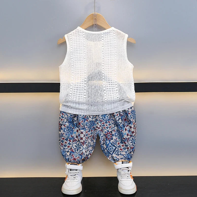 Boys Summer Hollow out Vest Set Breathable Me Svel Long Pants Two Piece Suit Teen Casual Sportswear Cotton Blend orts - Boys