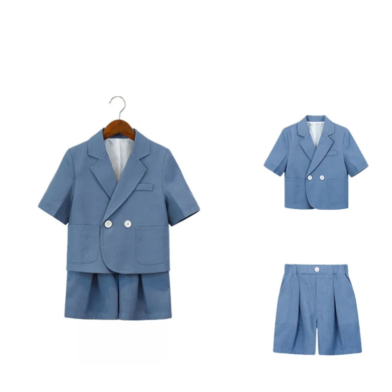 Kids Summer Short-Sleeved Wedding Suit Set Boys Blazer Pants Outfit Children's Piano Host Speech Performance Costume - Boys