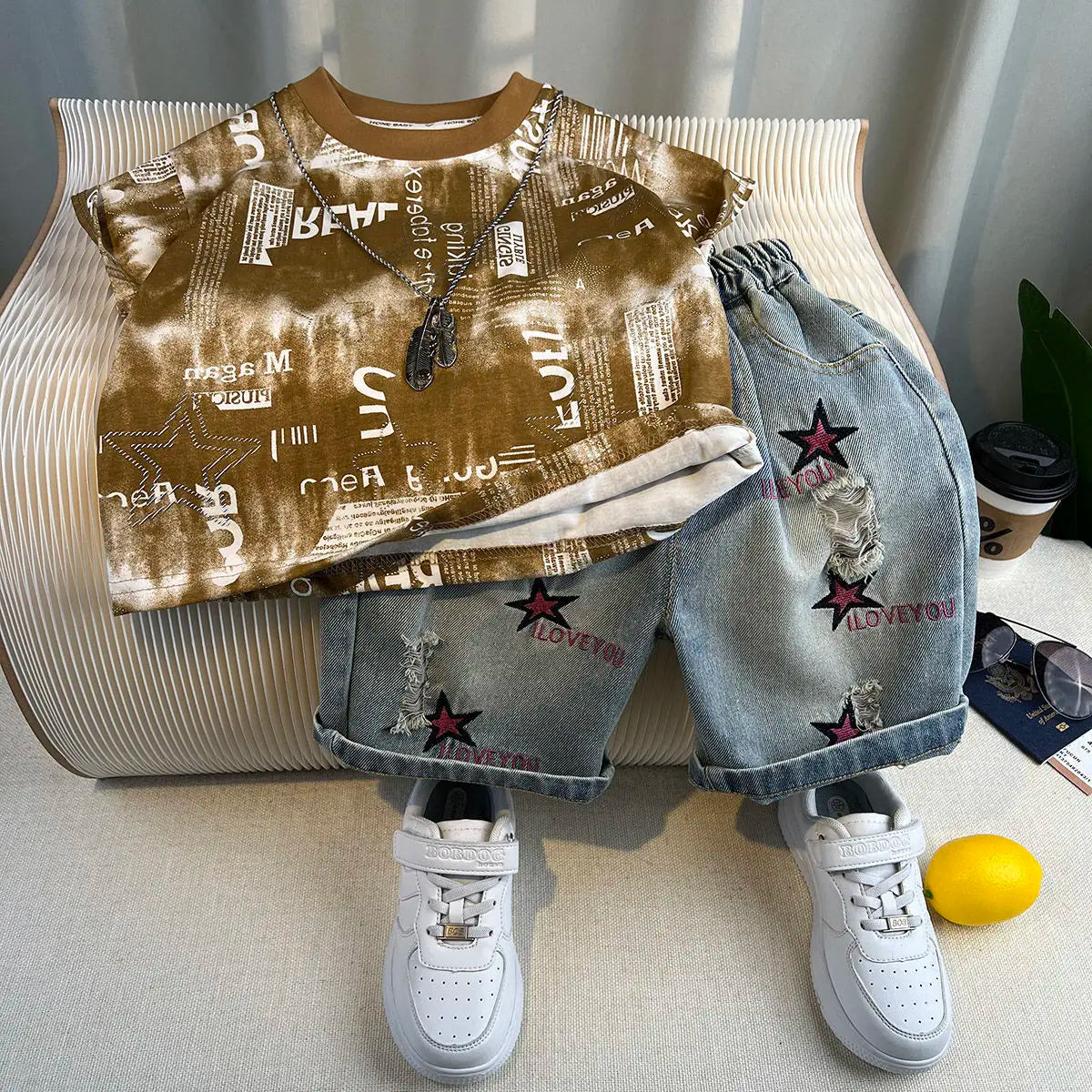 New Boys Fashion Summer Cotton Letter Printing T-shirts+Graffiti Denim Shorts 2pcs Set Kids Korean Outfits Sets Children